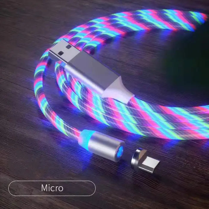 Magnetic LED USB cable with a Micro connector, providing glowing multicolor charging functionality.