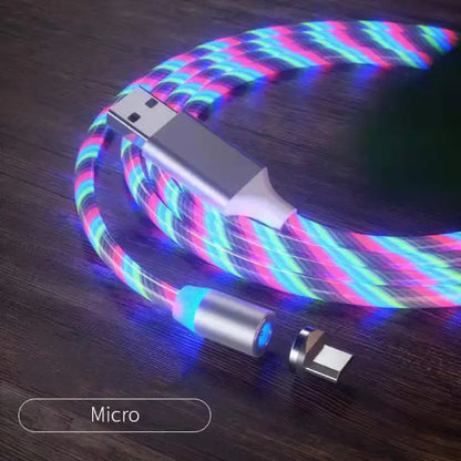 Magnetic LED USB cable with a Micro connector, providing glowing multicolor charging functionality.