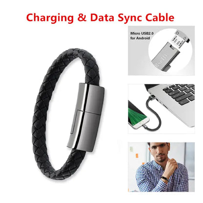 Micro USB bracelet cable for Android devices, portable charging, and data syncing functionality.