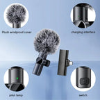Microphone Portable features highlighted including windproof cover, switch, lamp, and charging port.