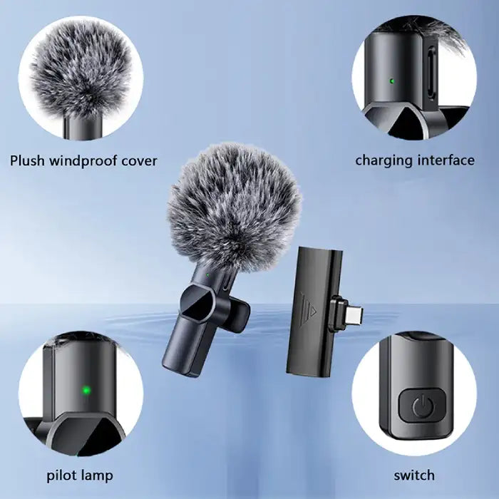 Microphone Portable features highlighted including windproof cover, switch, lamp, and charging port.