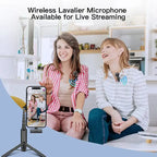 Microphone Portable used by two women for live streaming with wireless audio connection on smartphone.
