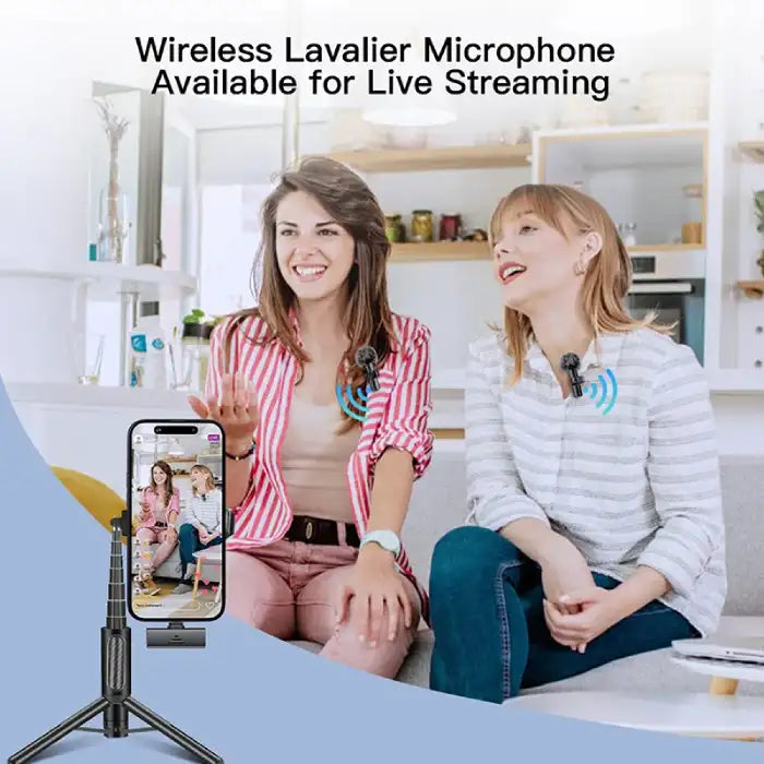 Microphone Portable used by two women for live streaming with wireless audio connection on smartphone.