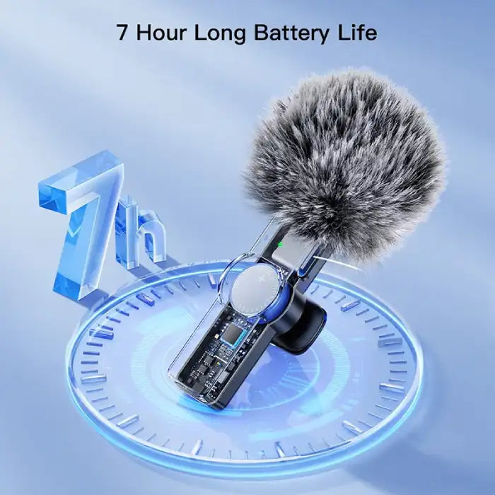 Microphone Portable with 7-hour battery life and semi-transparent internal chip shown in digital concept.