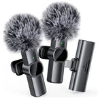 Microphone Portable wireless dual mic set with noise reduction and lightning connector for smartphones.