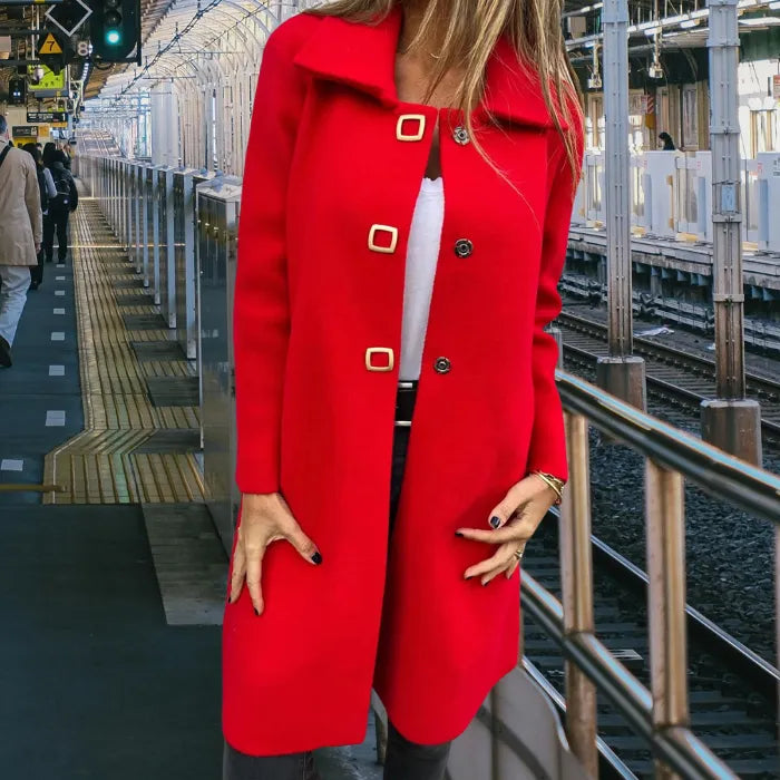 Mid length wool coat in vibrant red designed to deliver warmth and confidence while enhancing modern city outfits.