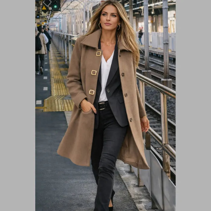 Mid length wool coat in classic brown styled for commuting, combining tailored structure with practical cold weather comfort.