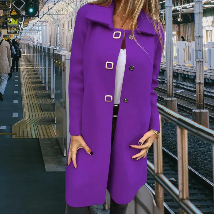 Mid length wool coat in vibrant purple featuring a sleek mid length cut and polished details for standout city winter wear.