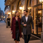 Mid length wool coat in rich burgundy worn for an evening city walk, tailored fit with elegant buttons for refined warmth.