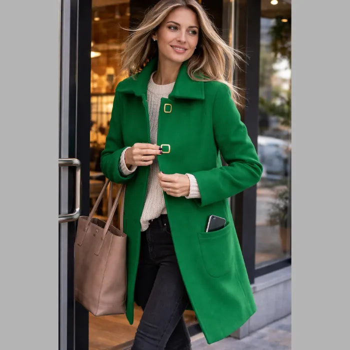 Mid length wool coat in bold green worn while shopping, offering a flattering fit and stylish warmth for daily use.