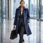 Mid length wool coat in navy styled for a professional office setting, offering a polished silhouette and modern warmth.
