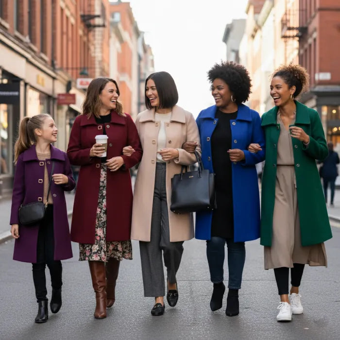 Mid length wool coat styled in multiple colors by women walking downtown, showcasing versatile fits for everyday wear.