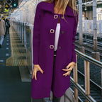 Mid length wool coat in deep purple offering a flattering mid length cut and eye catching color for standout winter looks.