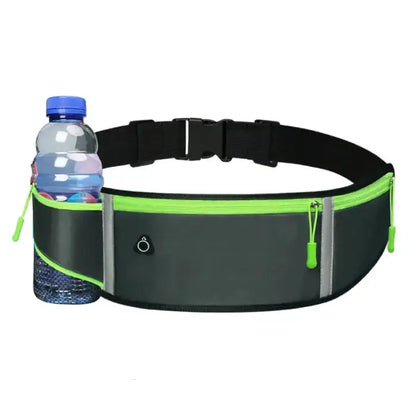 Military green running belt with water bottle holder, black strap, and neon green trim for high-visibility during sports