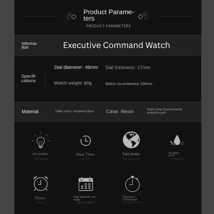 military tactical analog digital sport watch specs card showing materials, features, and dimensions for informed buyer decisions