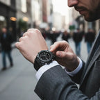 military tactical analog digital sport watch worn by man in street setting, emphasizing rugged elegance and daily versatility