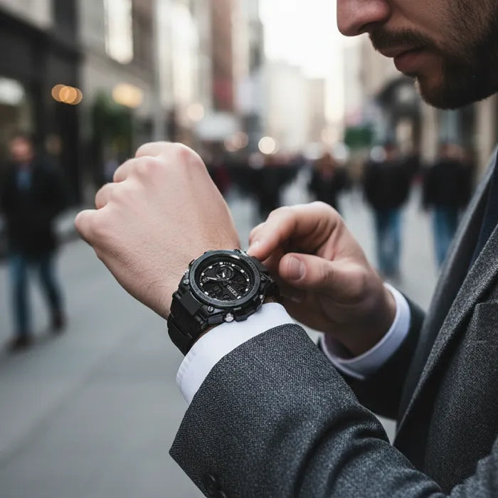 military tactical analog digital sport watch worn by man in street setting, emphasizing rugged elegance and daily versatility