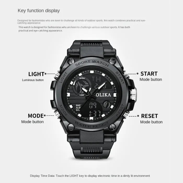 military tactical analog digital sport watch displaying labeled function buttons and clear dual-display layout for enhanced user control