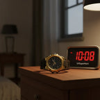 military tactical analog digital sport watch in gold trim resting on nightstand beside digital clock to showcase premium lifestyle appeal