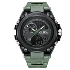 military tactical analog digital sport watch in green design shown from front view with dual display for rugged outdoor functionality