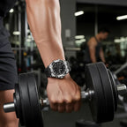 military tactical analog digital sport watch worn during gym workout, highlighting rugged build and reliability in active conditions