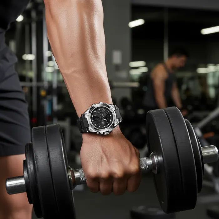 military tactical analog digital sport watch worn during gym workout, highlighting rugged build and reliability in active conditions