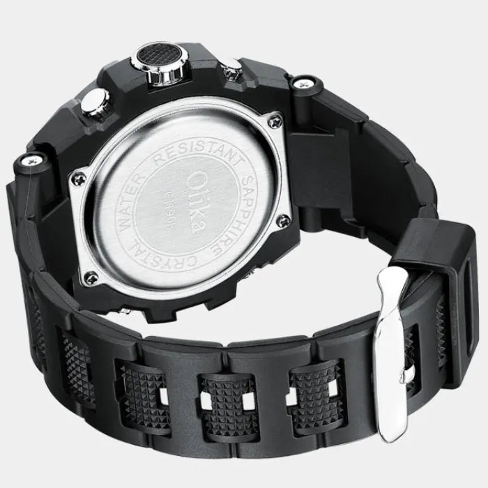 military tactical analog digital sport watch with rugged backplate design and durable strap shown in close detail for reliability