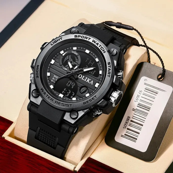 military tactical analog digital sport watch shown in premium gift box with black rugged casing for buyers seeking durability