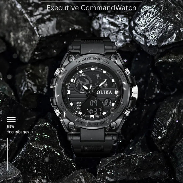 military tactical analog digital sport watch shown in rugged blackout style against dark rocks to highlight strength and durability appeal