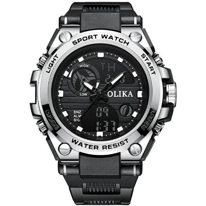 military tactical analog digital sport watch in silver pro edition with rugged dual-display dial designed for outdoor durability