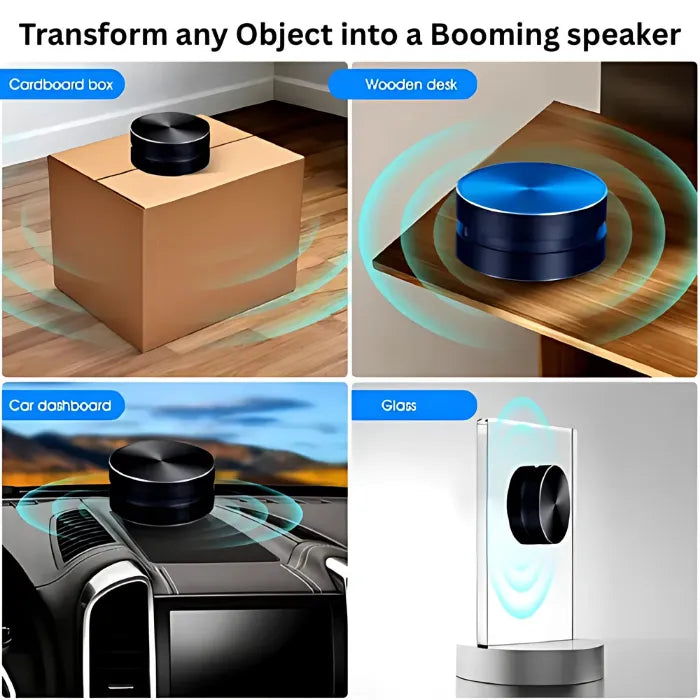 Transform objects speaker shown in sleek metal design with music notes in background.