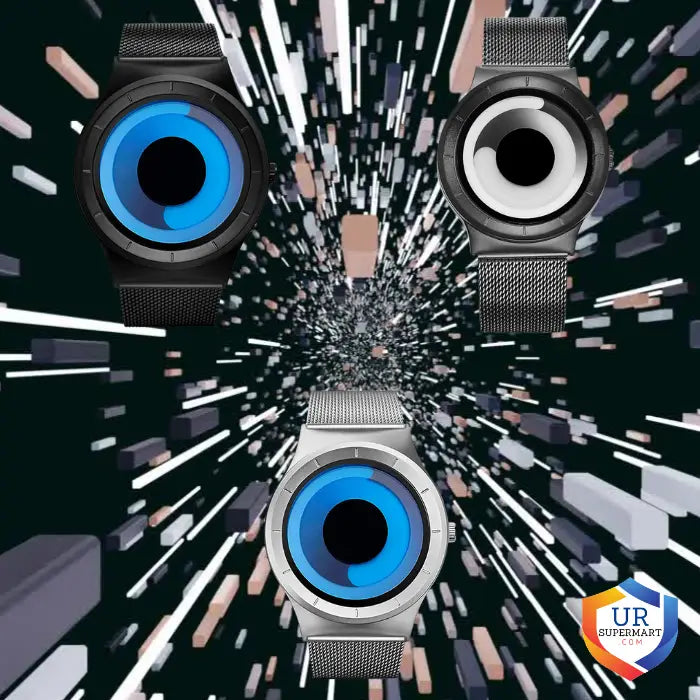 Minimalist blue dial watch variants displayed in futuristic scene with mesh straps, highlighting modern unisex design and visual appeal