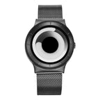 Minimalist blue dial watch shown in monochrome circular dial variant with mesh strap for a clean, modern unisex wristwatch aesthetic