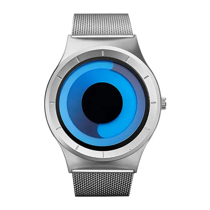 Minimalist blue dial watch in silver front view highlighting gradient circular display and mesh strap for sleek modern wristwatch style