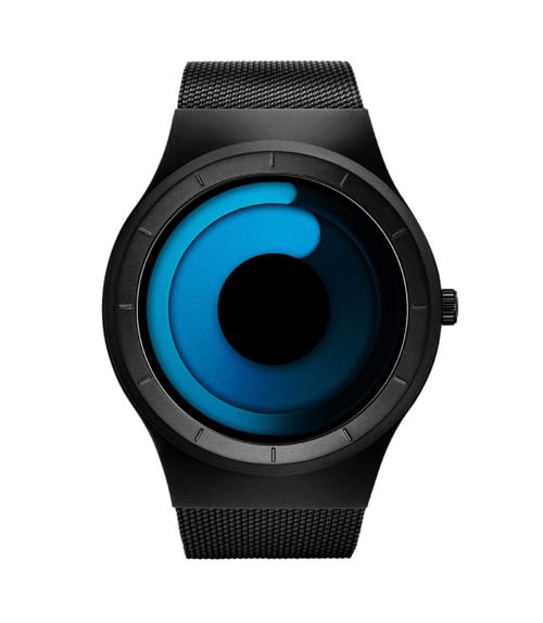 Minimalist blue dial watch stainless steel mesh strap in close view, showcasing premium modern design and durable unisex style features