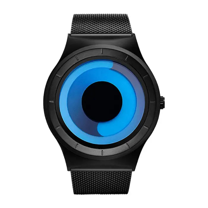 Black watch with a blue and black face on a white background