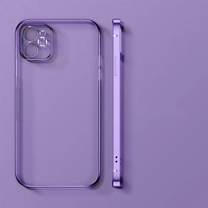 Sleek purple transparent phone case with camera cutout and slim edges placed on a vibrant purple background.