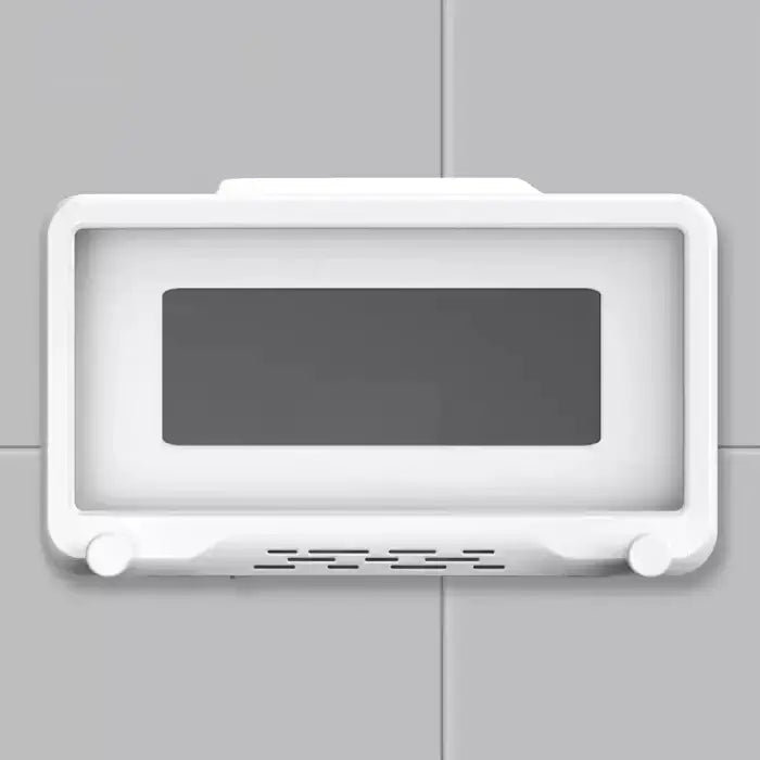 Sleek white wall-mounted phone holder with simple design, featuring ventilation holes at bottom.