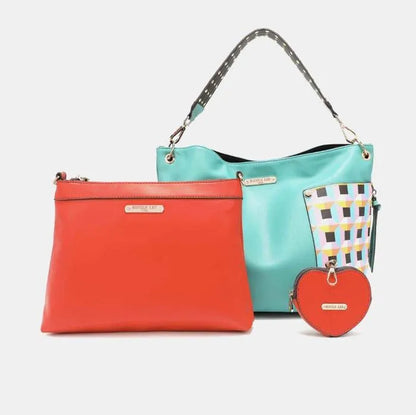 Mint green tote bag with coral clutch featuring geometric pattern panels and coordinating heart accessory pouch