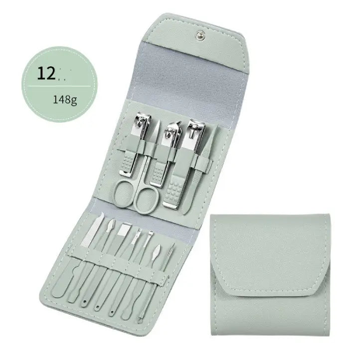  Mint green foldable manicure set with nail clippers, scissors and grooming tools in leather-like case