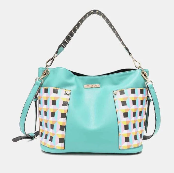 Trendy mint green shoulder bag with colorful checkered side panels, dotted strap, and silver hardware by Nicole Lee