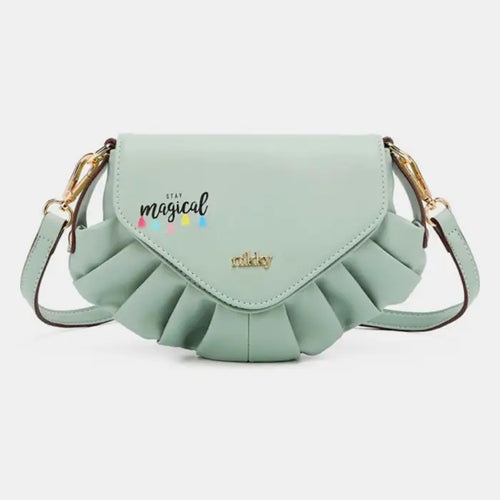 Stylish mint green pleated shoulder bag with stay magical text design, perfect for casual spring fashion accessories