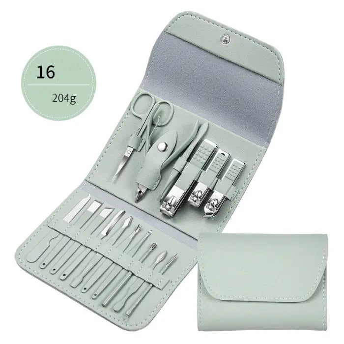  Compact mint green manicure kit with 16 tools including nail clippers and scissors in foldable leather case