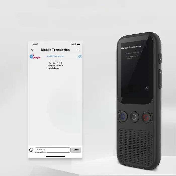 Mobile phone app connecting to handheld translator device for easier communication and translation