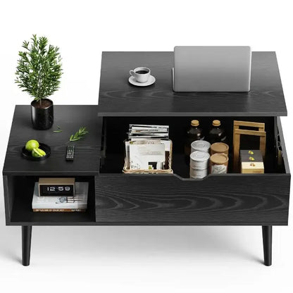 Sleek black coffee table with lift-top surface, hidden storage compartment, and shelf, holding laptop and coffee cup