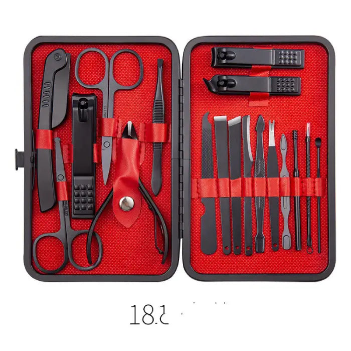 18-piece professional manicure set with red interior and black tools in sleek case