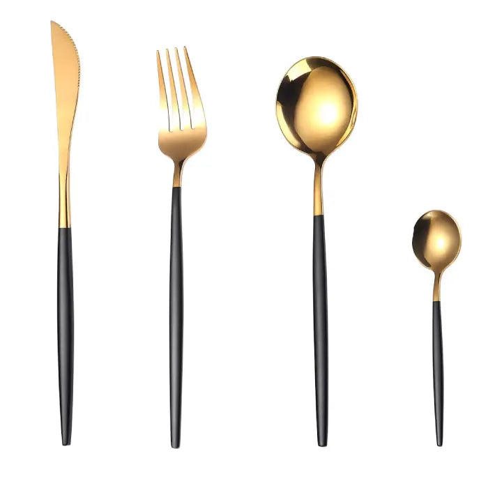 Size guide showing measurements of gold and black flatware pieces including knife, fork, dinner spoon, and teaspoon