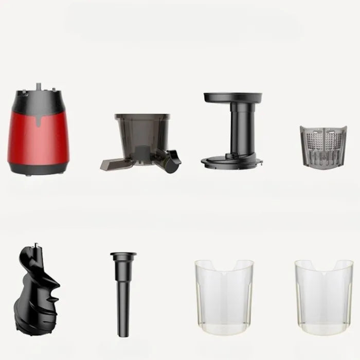 Complete set of slow juicer components including host unit, feed cylinder, juice cups and filter parts for home juice extraction