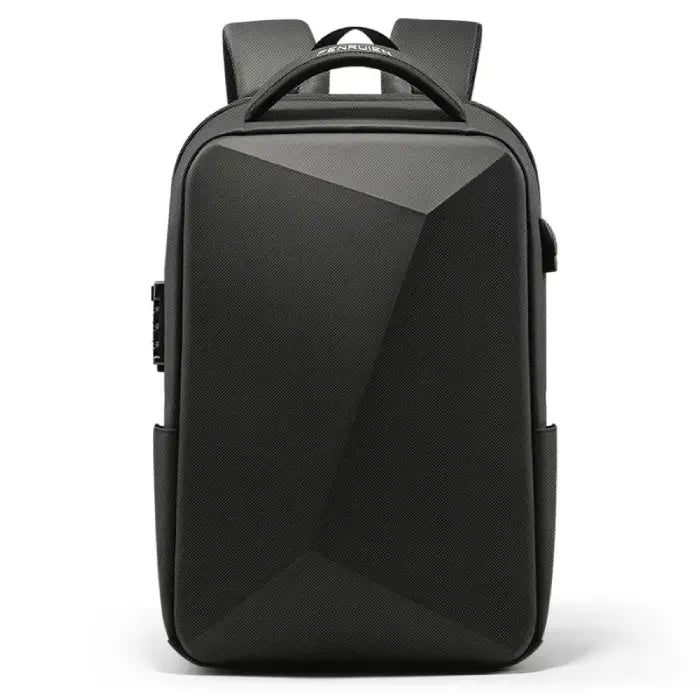 Sleek black laptop backpack with geometric design, USB port, and padded straps for comfort and style