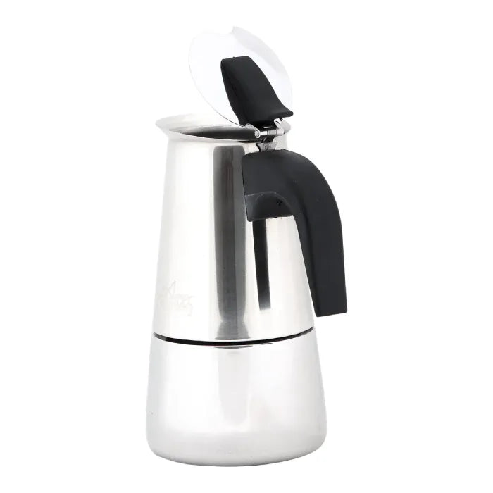 Stovetop coffee maker with open lid showing top chamber construction and handle design